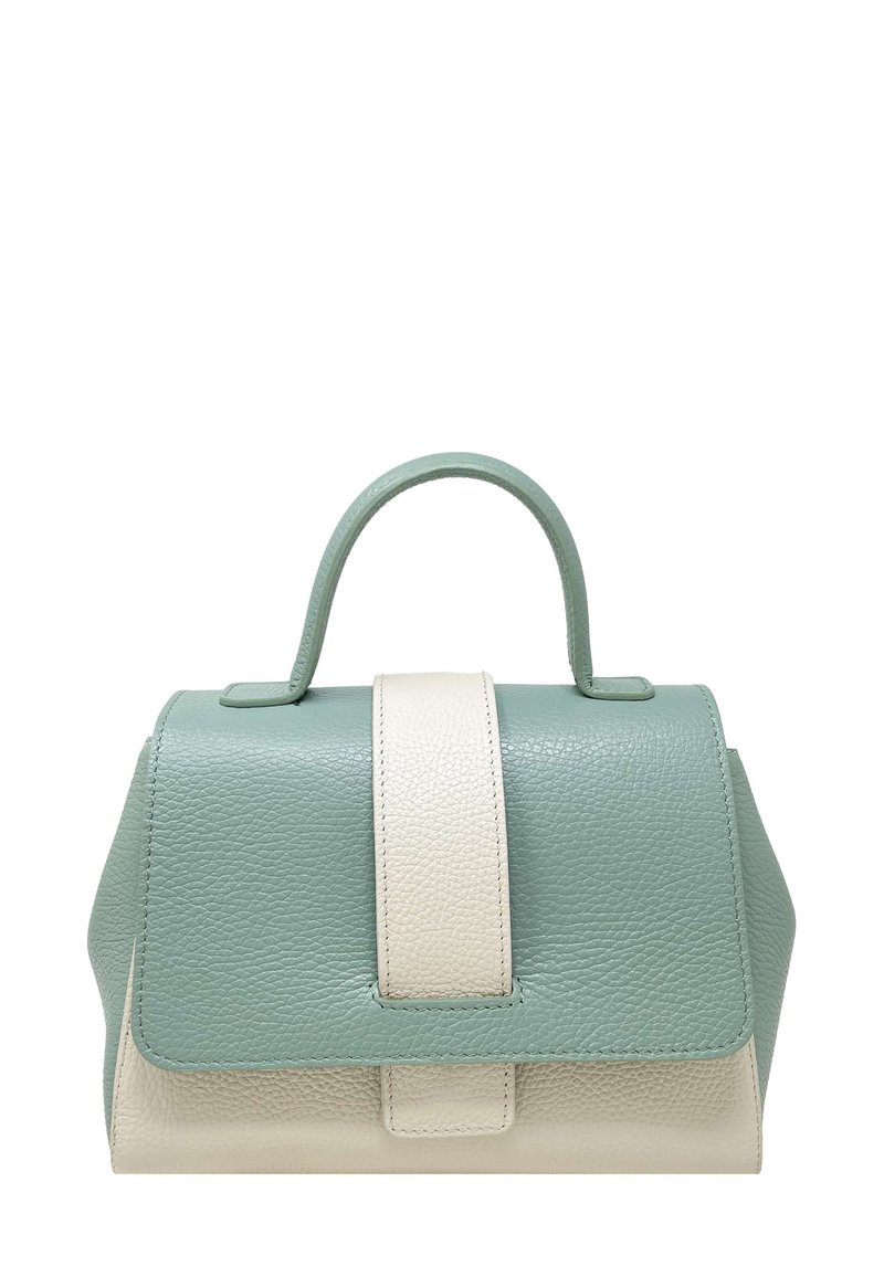 Torebka skórzana z teksturą, o zaokrąglonym wierzchu, w kolorach miętowym i kremowym, z centralnym kremowym pasem. Uchwyt u góry dla łatwego przenoszenia.