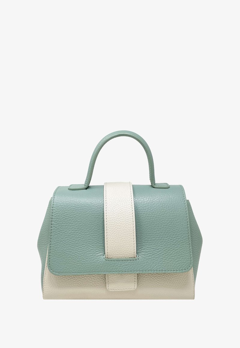 Bolso de cuero texturizado con un diseño de parte superior redondeada, en colores verde menta y crema, con una franja central de color crema. Asa superior para un fácil transporte.