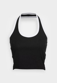 Top corto a halter nero a costine con bordo bianco. Presenta un collo a scollatura ampia e un design aderente. Realizzato in materiale elastico e traspirante.