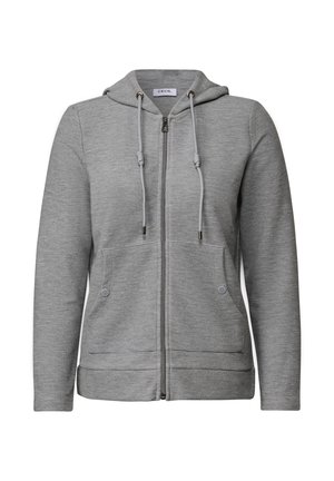 Gray zip-up hoodie with a drawstring hood, two front pockets, textured fabric, and cuffed sleeves. Features a logo on the inner label.