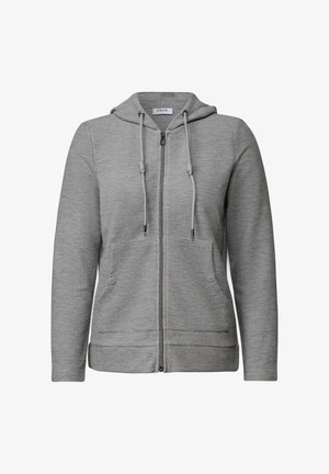 Grijze zip-up hoodie met een trekkoordkap, twee voorzakken, gestructureerde stof en manchet mouwen. Bevat een logo op het binnenlabel.