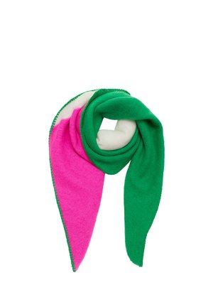 Weicher Schal mit leuchtend grünen, pinkfarbenen und cremefarbenen Farbfeldern, gefaltet und gedreht auf weißem Hintergrund gezeigt.