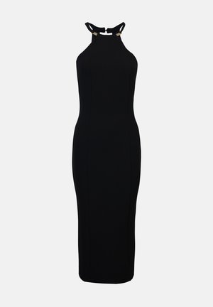 Rochie midi neagră cu guler halter, realizată dintr-un material fin. Prezintă detalii cu decupaj la guler. Siluetă ajustată și culoare solidă.