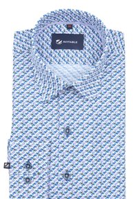 Knoopshirt van lichtgewicht stof, met een geometrisch patroon in blauw, groen en paarse tinten, met een verspreide kraag en één zak.