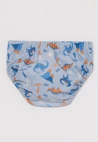 Blauer Schwimmwindel mit einem Muster aus verschiedenen Dinosauriern, Palmen und Sonnenmotiven in Orange und Dunkelblau. Elastischer Bund.
