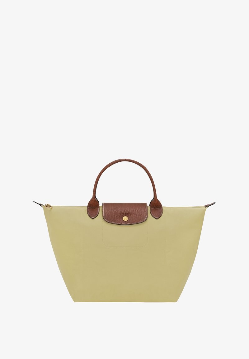 Yellow nylon tote bag with brown leather handles, a top closure, and a gold snap button accent. Features a rectangular shape and soft texture.