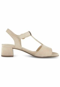 Beige semišové sandály s designem T-popruhu, otevřenou špičkou a nízkým blokovým podpatkem. Mají zaoblený tvar a minimální švy.