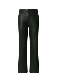 Pantaloni neri in ecopelle a vita alta con taglio dritto. Presentano tasche in stile denim classico e chiusura con bottone e zip.