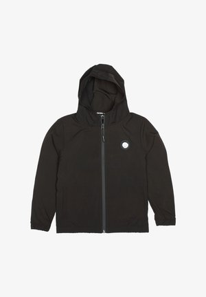 Veste à capuche noire en tissu léger. Dotée d'une fermeture éclair frontale, de deux poches latérales et d'un logo rond sur la poitrine.