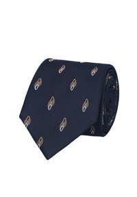 Granatowy krawat wykonany z tkaniny o powtarzającym się wzorze jasnobrązowych i białych abstrakcyjnych kształtów. Teksturowany z gładkim wykończeniem.