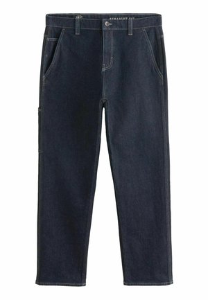 Dark blue denim straight-fit pants with visible stitching, front pockets, and a side pocket. Features a button and zipper closure.