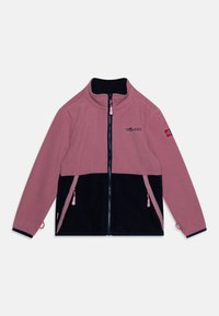 Fleecejacke in Hellrosa und Marineblau, mit voller Reißverschluss, hohem Kragen, seitlichen Reißverschlusstaschen und einem Logo auf der Brust.