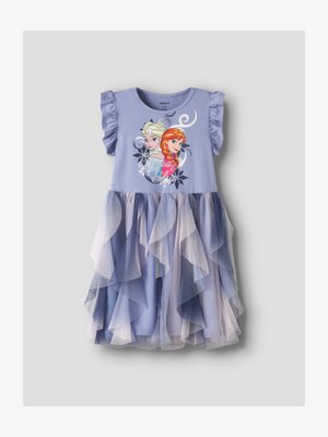 Világoslila lányruha fodros ujjakkal, réteges tüllszoknyával, valamint Anna és Elsa karaktereivel a mellrészen.