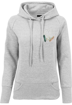 Sweat à capuche gris clair avec poches avant et un motif en forme de cœur composé de baskets colorées sur la poitrine gauche.