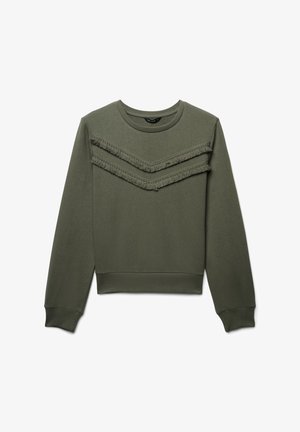 Felpa verde oliva con scollo rotondo, caratterizzata da due strisce orizzontali sfrangiate sul petto e da polsini e orlo a coste.