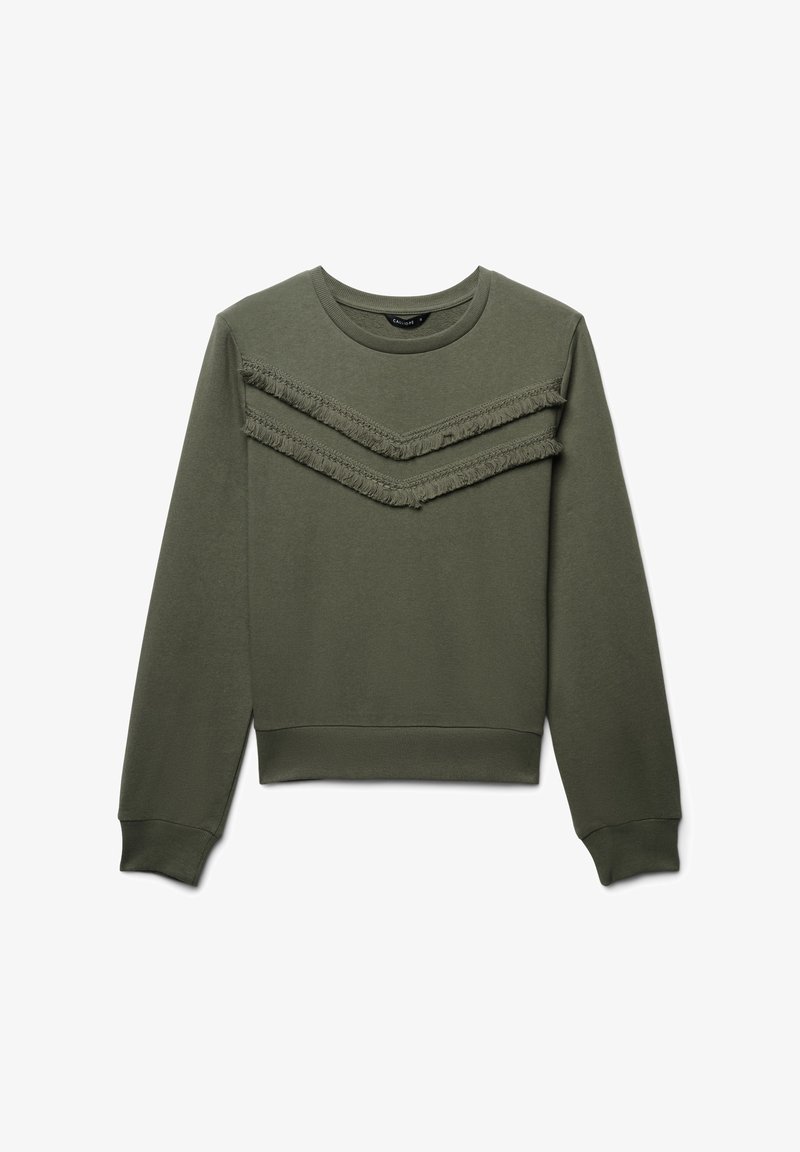 Felpa verde oliva con scollo rotondo, caratterizzata da due strisce orizzontali sfrangiate sul petto e da polsini e orlo a coste.