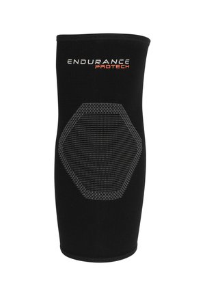 Zwarte kniestut ondersteuning gemaakt van elastisch materiaal met een getextureerd hexagonaal patroon in grijs. Merkennaam "ENDURANCE PROTECH" prominent weergegeven.