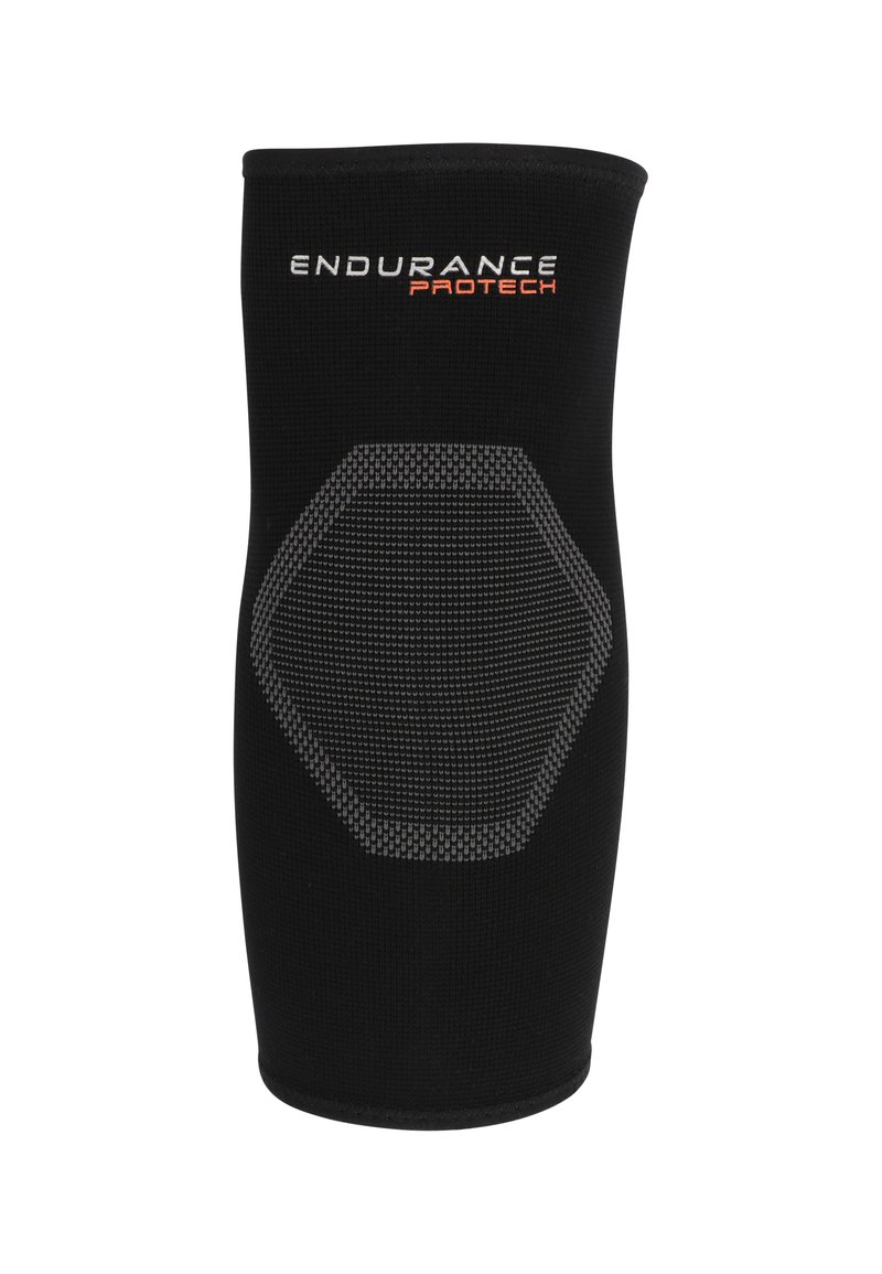 Musta polvituki, joka on valmistettu elastisesta materiaalista ja siinä on harmaan värinen texturoitu kuusikulmainen kuvio. Tuotemerkin nimi "ENDURANCE PROTECH" on esillä selvästi.