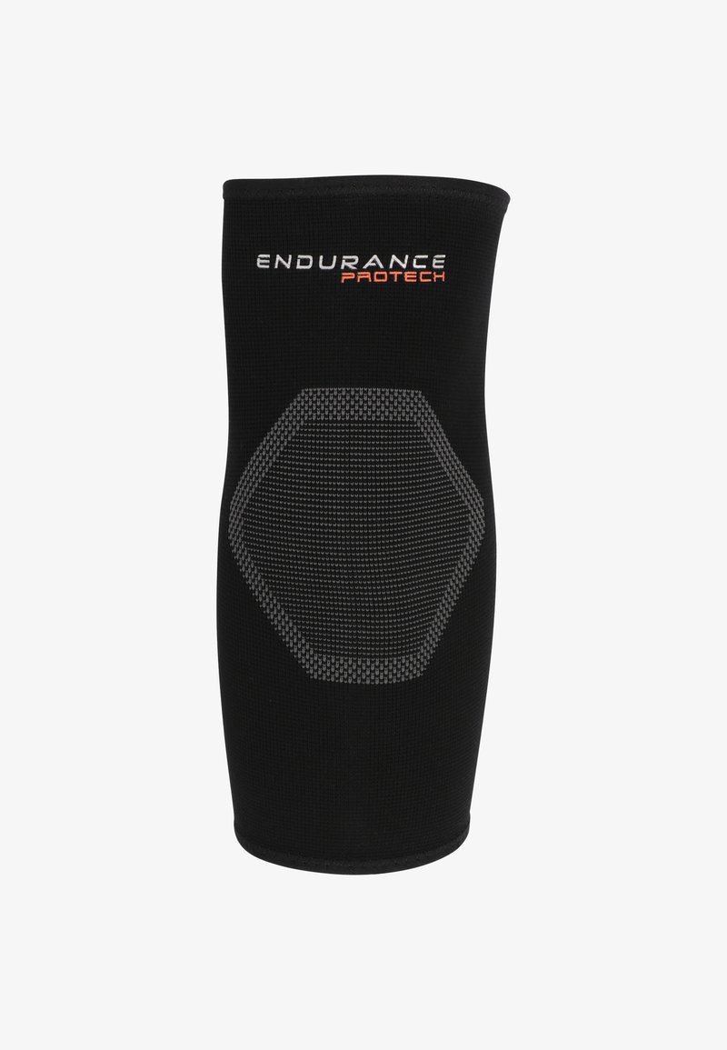 Zwarte kniestut ondersteuning gemaakt van elastisch materiaal met een getextureerd hexagonaal patroon in grijs. Merkennaam "ENDURANCE PROTECH" prominent weergegeven.
