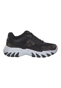 Sneakers neri con tomaia testurizzata, caratterizzati da un design a motivi marroni. Suola spessa bianca e nera con battistrada pronunciato. Chiusura con lacci.