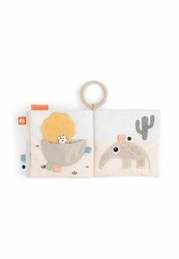 Libro para bebés de tela suave con colores pastel. Presenta un elefante, un bolsillo cosido y acentos texturizados. Incluye un anillo para su sujeción.