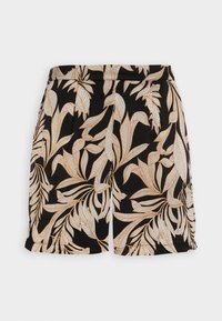 Shorts noirs à taille élastique, avec un motif de feuilles tropicales beiges sur un tissu léger.