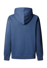 Niebieska bluza z kapturem i długimi rękawami, ze ściągaczami na mankietach i na dole, wykonana z miękkiego materiału, o prostym wzorze bez grafik.