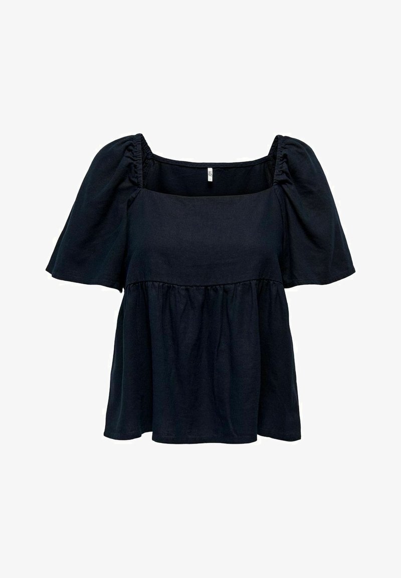 Blouse noire à manches courtes avec col carré, taille froncée et manches légèrement bouffantes dans une coupe ample.