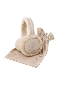 Béžové ochranné návleky na uši z umelej kožušiny s zaobleným tvarom, zdobené výšivkou medveďa na ušných vankúšikoch a doplnené mäkkým sťahovacím vreckom v rovnakom štýle.