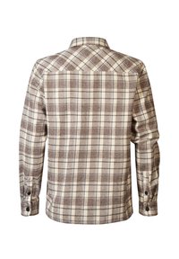 Kariertes Hemd in Creme-, Braun- und Blautönen; mit langen Ärmeln, Knopfverschlüssen an den Manschetten und einem klassischen Kragendesign.
