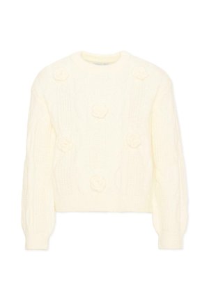 Maglione lavorato a maglia color crema con maniche lunghe a sbuffo e motivi floreali in rilievo sul davanti e sulle spalle.