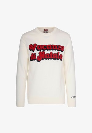 Maglione bianco a maglia con il testo rosso e nero "Vacanze di Natale" sul davanti. Caratterizzato da un collo rotondo e polsini a coste. Tessuto texturizzato.