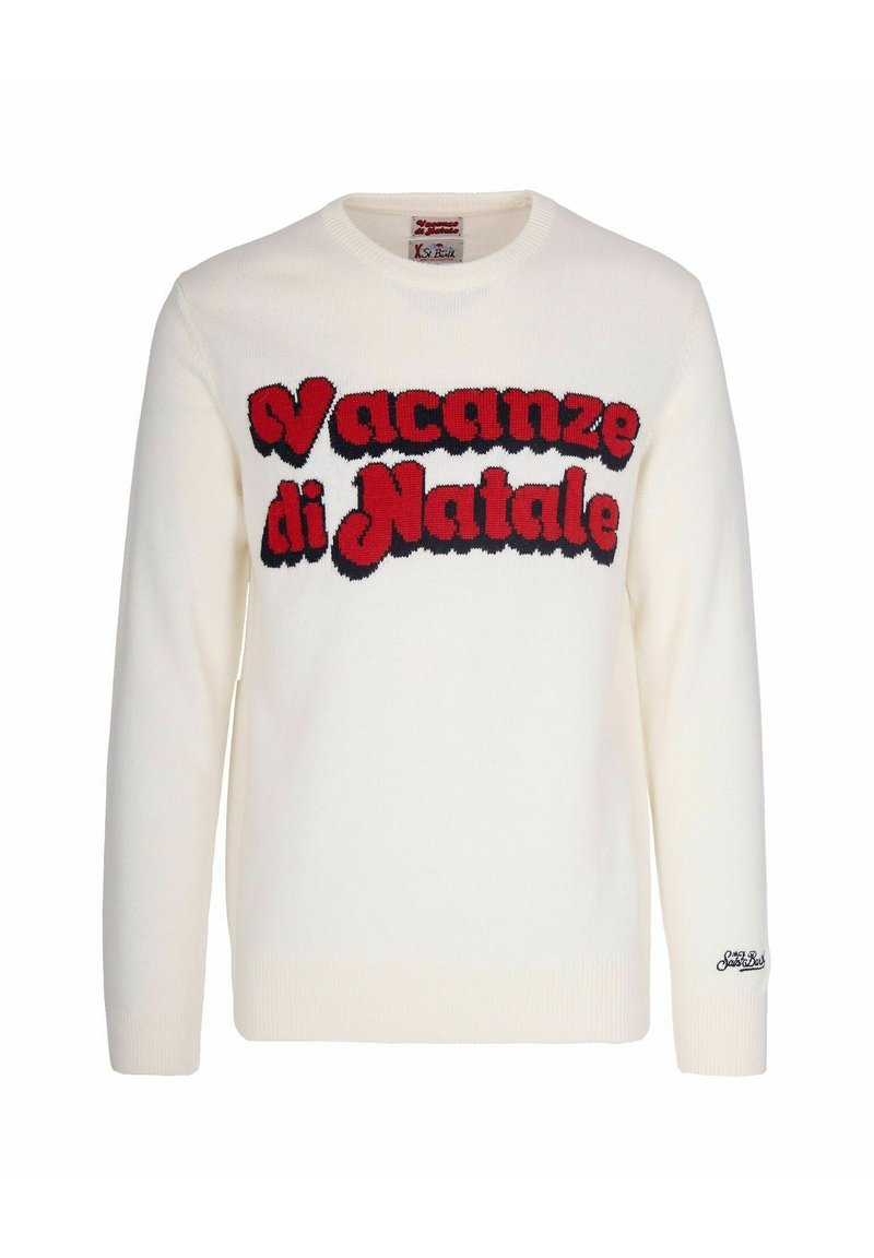 Maglione bianco a maglia con il testo rosso e nero "Vacanze di Natale" sul davanti. Caratterizzato da un collo rotondo e polsini a coste. Tessuto texturizzato.