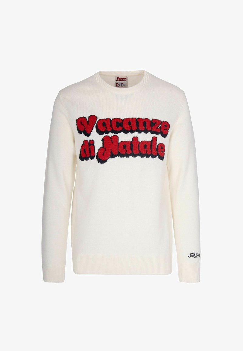 Maglione bianco a maglia con il testo rosso e nero "Vacanze di Natale" sul davanti. Caratterizzato da un collo rotondo e polsini a coste. Tessuto texturizzato.