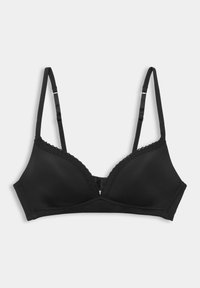 Black bra featuring a smooth fabric with lace trim along the edges, triangular cup shape, and adjustable straps for a customizable fit.