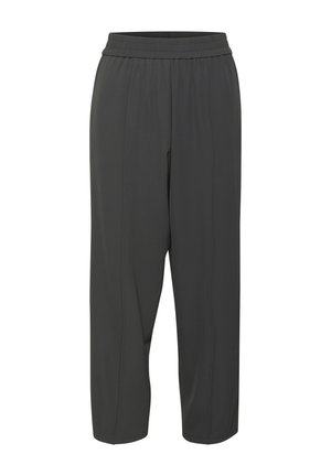 Pantalons gris à taille élastique avec une coupe décontractée, fabriqués en tissu léger. Présente deux coutures avant et un design fuselé aux chevilles.