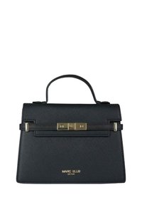 Zwarte gestructureerde handtas met een textuur oppervlak, gouden hardware, dubbele handvatten aan de bovenkant en een magnetische sluiting. Voorzien van een logo aan de onderkant.