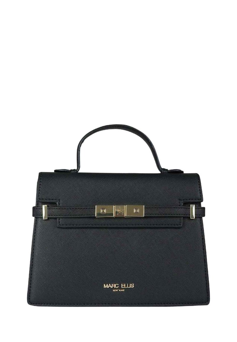 Zwarte gestructureerde handtas met een textuur oppervlak, gouden hardware, dubbele handvatten aan de bovenkant en een magnetische sluiting. Voorzien van een logo aan de onderkant.