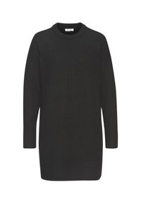 Schwarzes Strickkleid mit rundem Halsausschnitt, langen Ärmeln, gerippten Bündchen und Saum, das ein schlichtes, einfarbiges Design und eine weiche Textur aufweist.