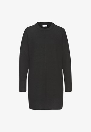 Abito maglia nero con scollo rotondo, maniche lunghe, polsini e orlo a coste, caratterizzato da un design semplice e uniforme e da una texture morbida.