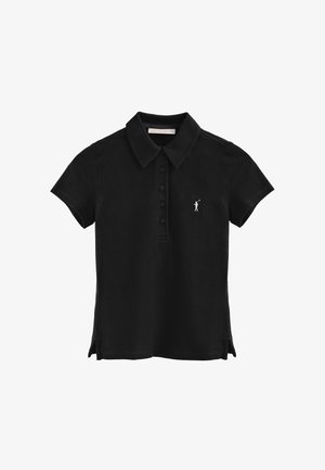 Zwarte poloshirt met een kraag, korte mouwen, een vijf-knoopsluiting, zijsplitsingen en een wit geborduurd logo op de borst.
