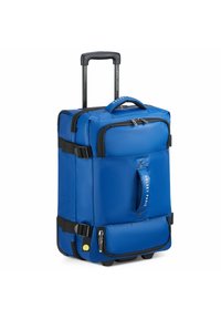 Valigia blu con ruote, realizzata in nylon texturizzato, dotata di manico telescopico, manico superiore per il trasporto e due scomparti con zip.