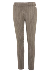 Brown and cream patterned trousers with a fitted design, smooth texture, and narrow legs, featuring a standard waistband for comfort.