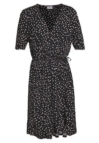 Robe noire en tissu léger, dotée de manches courtes et d'une taille froncée. Décorée de pois beiges sur l'ensemble.