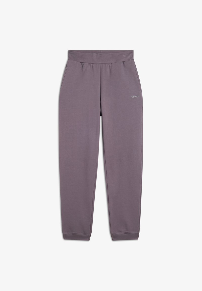Pantalon de survêtement violet avec une taille élastique, des poches latérales et des chevilles élastiquées. Fabriqué dans un tissu doux avec un design minimaliste.