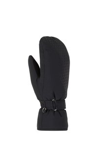 Schwarze isolierte Fäustlinge, mit einem strukturierten Muster auf der Rückseite, einem gerafften Handgelenk und glattem Finish. Entwickelt für den Einsatz bei kaltem Wetter.