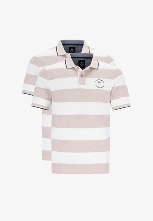 Gestreiftes Poloshirt in Beige und Weiß, mit kragenförmigem Ausschnitt, kurzen Ärmeln und einem kleinen Logo auf der Brust. Weicher Stoff, lässiges Design.