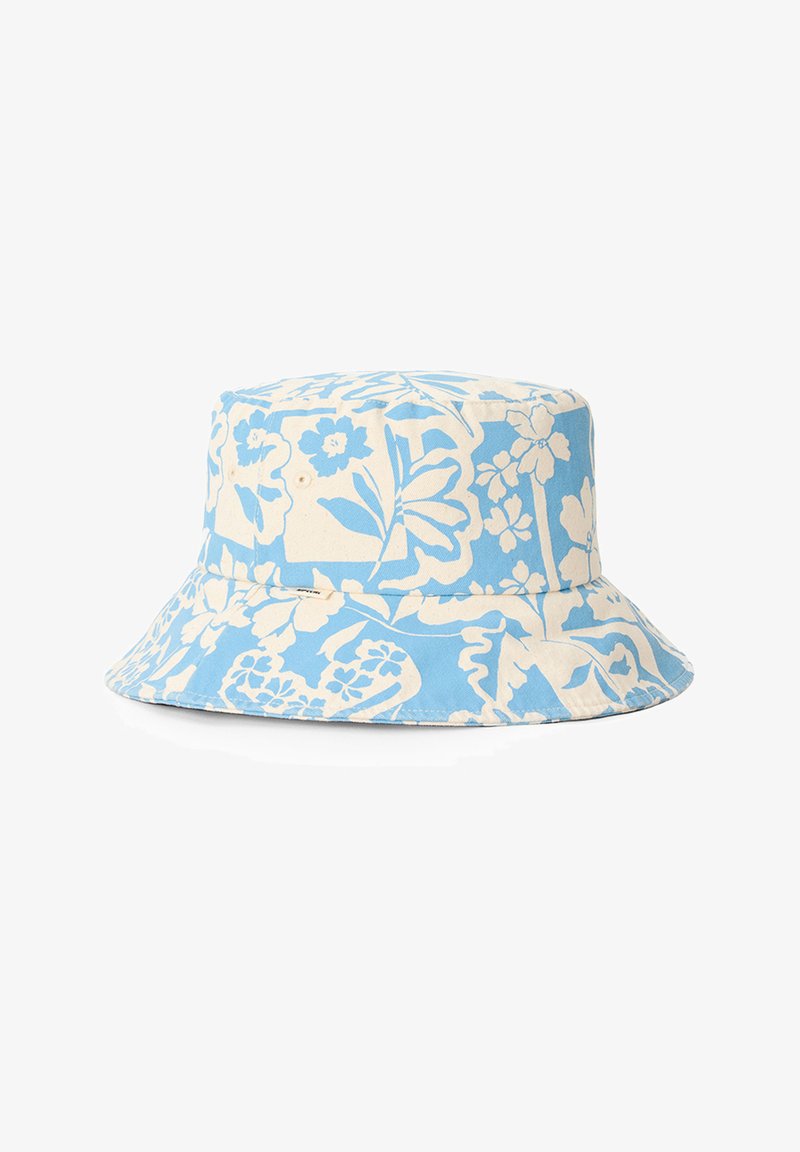 Chapeau bob bleu et blanc avec un motif floral complet composé de diverses fleurs et feuilles, doté d'un large bord et en tissu doux.