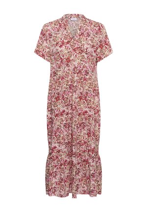 Abito midi floreale corto con maniche corte, scollo a V e orlo arricciato in tonalità di rosa, rosso e marrone su sfondo beige.