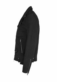 Jachetă din piele intoarsă neagră, cu guler ridicat, buzunare cu fermoar și fermoar frontal asimetric. Textură netedă și croială ajustată.